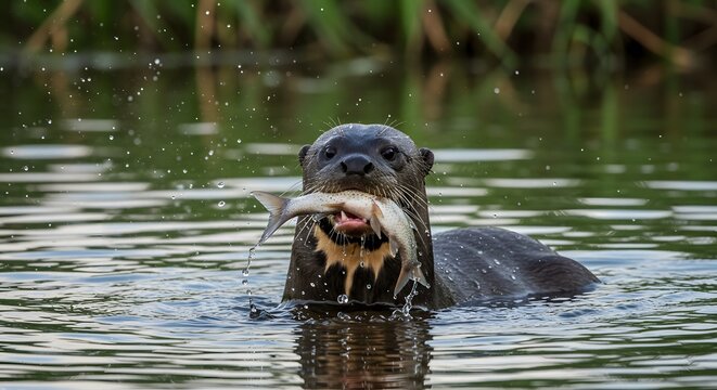 Ariranha comendo peixe - (pteronura brasiliensis)