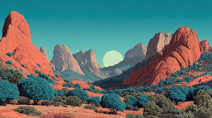 Colorful, vibrant landscape of mountains and trees.