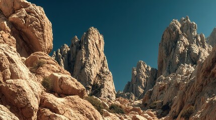 Rugged mountain peaks rise against a clear blue sky.