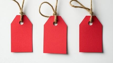 Three blank red gift tags with twine on white background. (1)