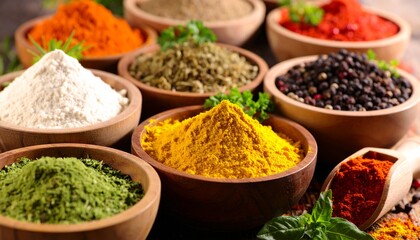 Fototapeta premium A Wooden Bowl Filled with different seasoning spices, generative with AI.