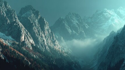 Misty mountain range shrouded in a tranquil atmosphere.
