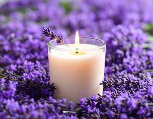Aromatic candle surrounded by lavender