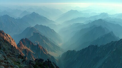Misty mountain range view from above.