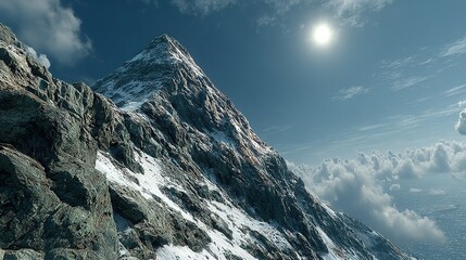 Snow-capped mountain peak rising above clouds.