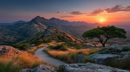 Mountainous landscape at sunset with a lone tree.