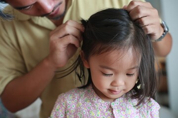 Fototapeta premium Father styling daughter's hair. Close-up