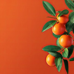Mandarin oranges on a branch against a vibrant coral background