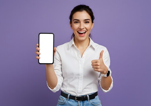 A smiling woman holding a smartphone with a blank screen and giving a thumbs up on purple background
