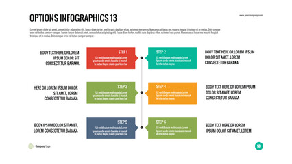 Infographic Steps: Linear timeline template for outlining a six-step process, workflow, or chronological sequence. Perfect for presentations