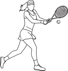 A vector illustration of a female tennis player in action, striking a tennis ball with her racket