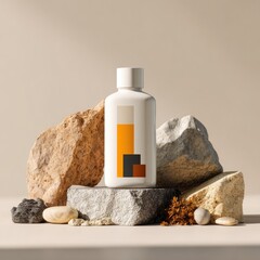 White bottle on rocks, minimalist aesthetic