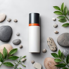 White bottle surrounded by stones and leaves