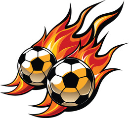 Fototapeta premium Two fiery soccer balls blaze across a white background with flames