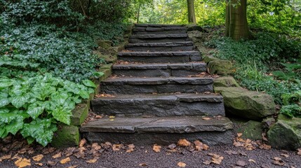 Stone steps ascending through a lush forest