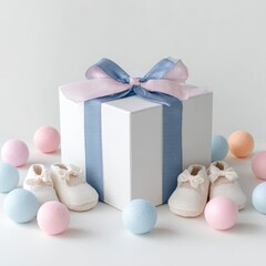 White gift box with baby booties and pastel balls
