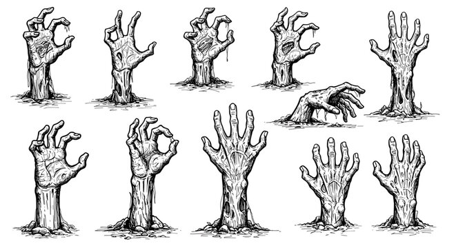sketch zombie hand collection rising from the ground – a hand drawn black and white vector doodle illustration, engraving or woodcut svg, Halloween theme, Halloween design

