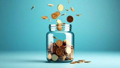 Golden Coins Pouring Into A Transparent Glass Jar Against A Blue Background