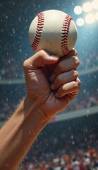 Hand holding a baseball aloft in a cheering stadium.