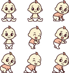 Cute baby icons in various poses baby png baby illustrations