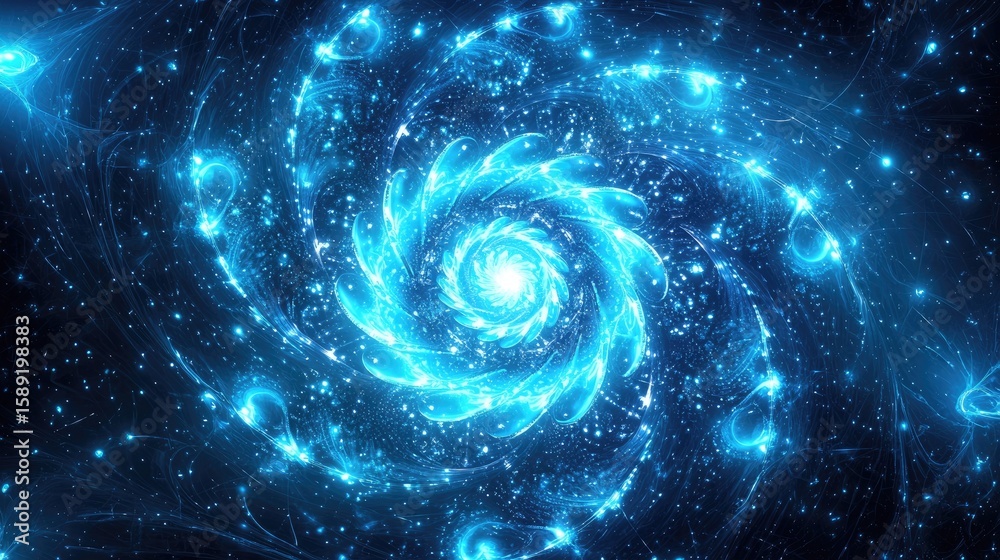 Poster Glowing particle waves in deep blue tones, dynamically twisting and pulsating, representing energy and cyber connectivity.