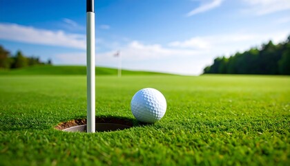 Obraz premium Golf ball near hole on green