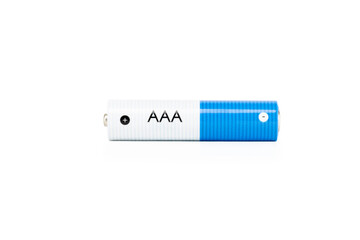 Single blue and white AAA alkaline battery, a source of reliable electric power and energy for...