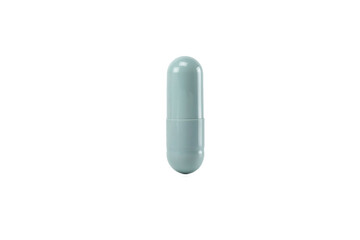 Single light blue capsule pill. A medical drug for vitamin, supplement, or healthcare treatment from a pharmacy, isolated on white background with clipping path.
