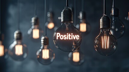 Obraz premium Hanging Edison-style lightbulbs, with one brightly lit displaying the word 