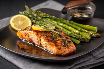 Roasted salmon fillet with asparagus and lemon