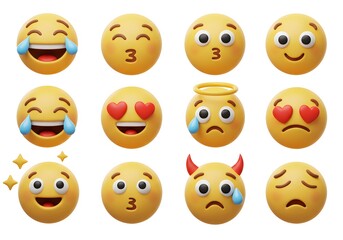 Obraz premium A collection of twelve yellow emoji faces displaying various emotions and expressions on a white background