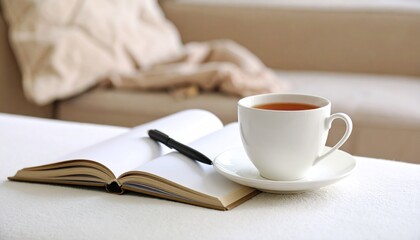 Open Book with Pen Alongside White Teacup on Saucer atop Table Near Beige Couch