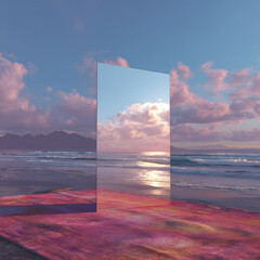Abstract factasy and realistic mirror in desert, background, futuristic