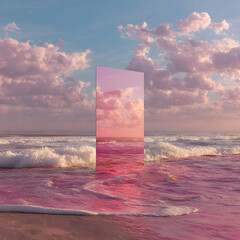 Abstract factasy and realistic mirror in desert, background, futuristic