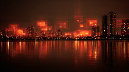 Obraz premium Smart City Surveillance Skyline Reflected on Water at Night