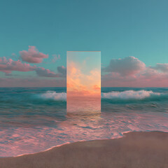 Abstract factasy and realistic mirror in desert, background, futuristic