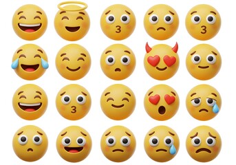 Naklejka premium A collection of twenty yellow emoji faces displaying various emotions on a white background surface