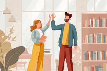 Team celebrates success with high five. Illustration, collaboration, achievement, office, teamwork. Use for design, web, marketing.