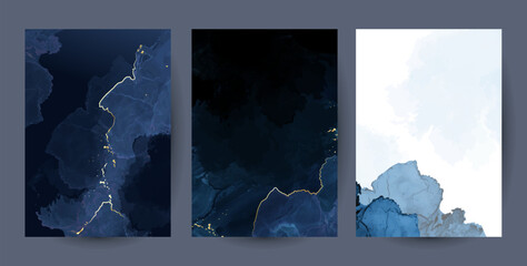 Classic blue watercolor fluid painting vector design cards. Dusty navy and golden geode frames. Winter wedding invitations. Snow,ice or veil textures. Dye splash style. Isolated and editable