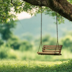 Rustic wooden swing in a lush green landscape