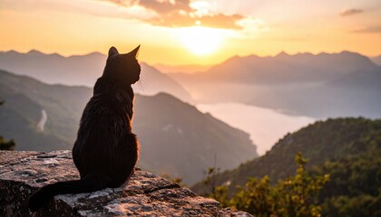 A black cat sits on a mountaintop, gazing at a golden sunset over a valley