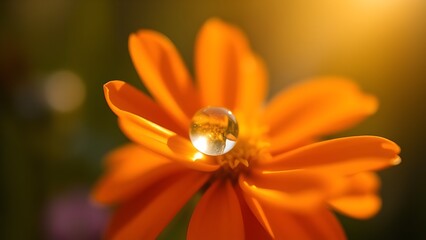 Macro Close-Up of Dewdrop on Orange Marigold Petal in Sunlight