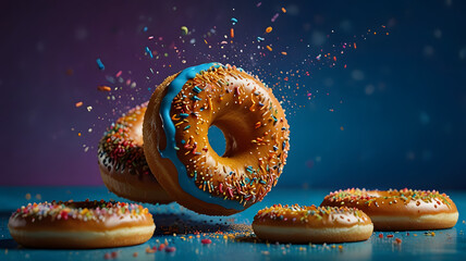 Flying Donuts with Blue Icing and Sprinkles on Vibrant Background – Sweet Dessert Concept