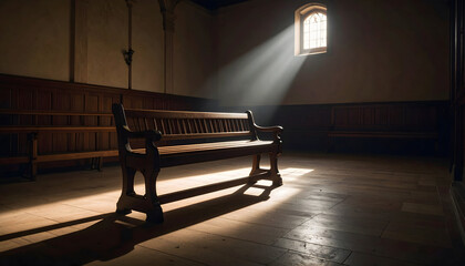 Sunlit Wooden Bench in a Dark Church Interior