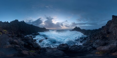 Fototapeta premium Panoramic 360 degrees view of ocean waves at rocky coastline hdr landscape photography