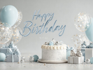 Celebratory Birthday cake scene with gifts and balloons for marketing, web design, or editorial use.