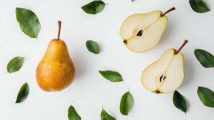 Obraz premium Two halved and one whole ripe pears with green leaves on white background.