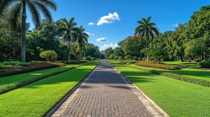 Sunny park walkway lined with palm trees and flowers
