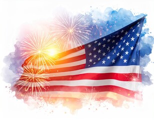 American flag with fireworks and watercolor background