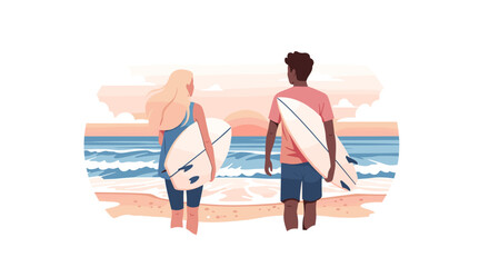 Obraz premium Surfers walking on beach with surfboards summer vacation